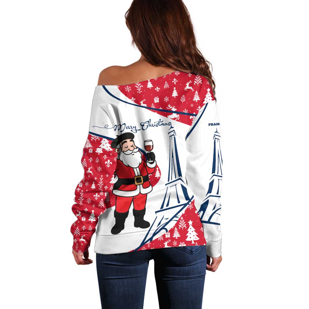 France Christmas Off Shoulder Sweater with Santa Wine Glass Eiffel Tower and Holiday Icons Design - Wonder Print Shop