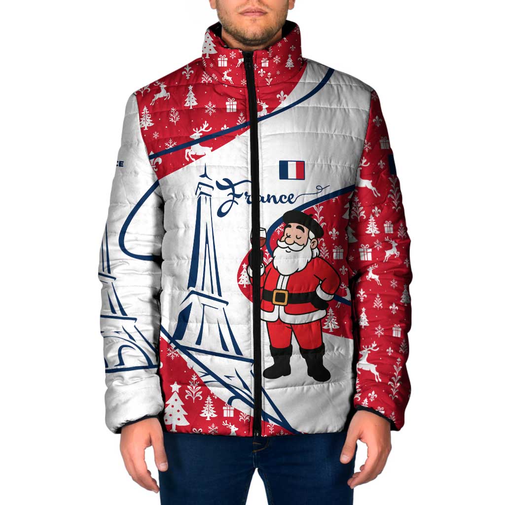 France Christmas Padded Jacket with Santa Wine Glass Eiffel Tower and Holiday Icons Design - Wonder Print Shop