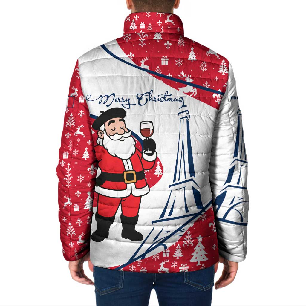 France Christmas Padded Jacket with Santa Wine Glass Eiffel Tower and Holiday Icons Design - Wonder Print Shop