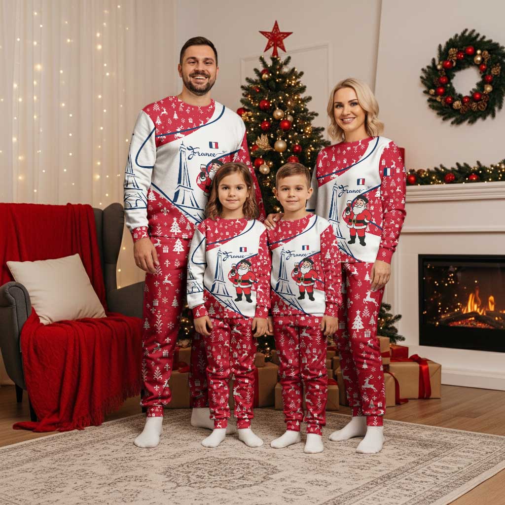 France Christmas Pajama Set with Santa Wine Glass Eiffel Tower and Holiday Icons Design - Wonder Print Shop