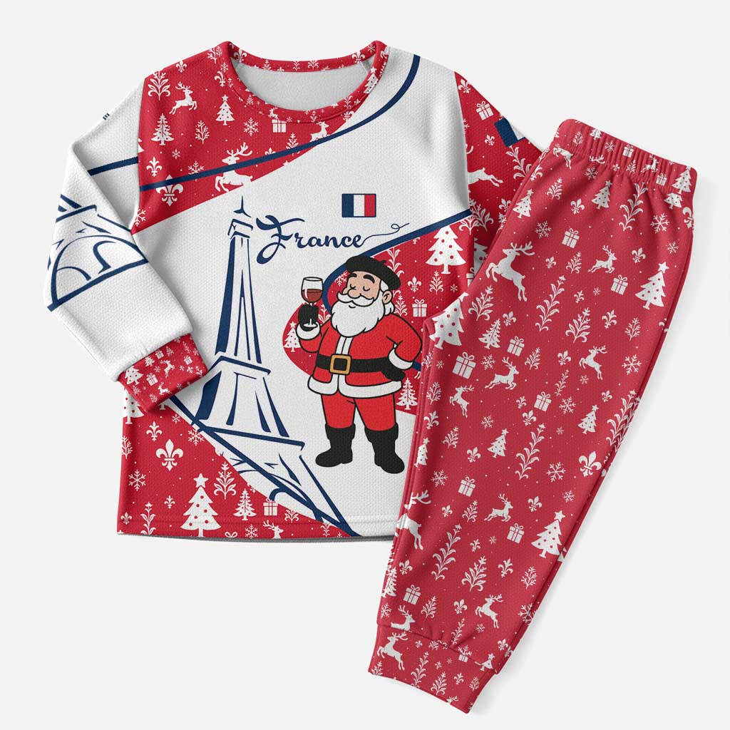 France Christmas Pajama Set with Santa Wine Glass Eiffel Tower and Holiday Icons Design - Wonder Print Shop