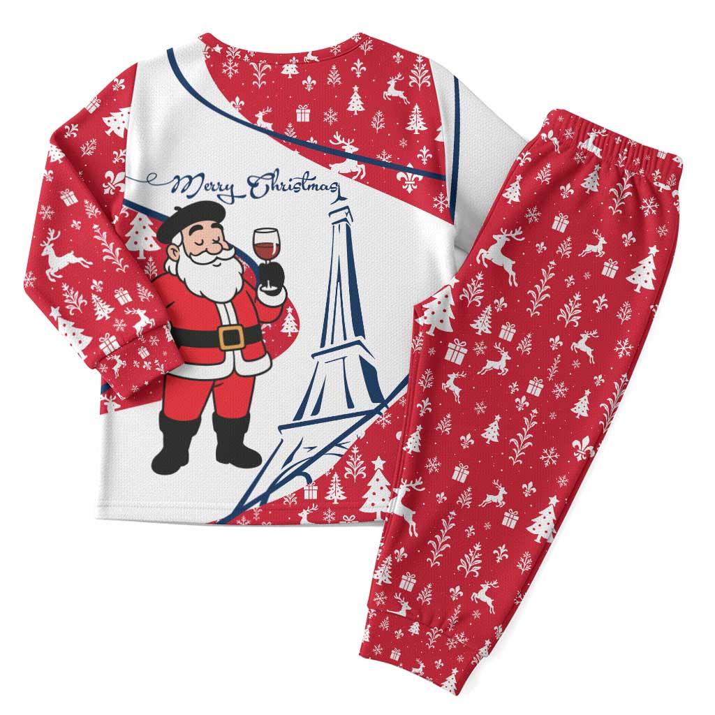 France Christmas Pajama Set with Santa Wine Glass Eiffel Tower and Holiday Icons Design - Wonder Print Shop