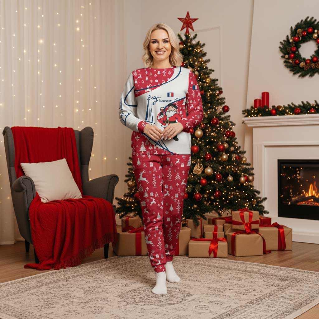 France Christmas Pajama Set with Santa Wine Glass Eiffel Tower and Holiday Icons Design - Wonder Print Shop