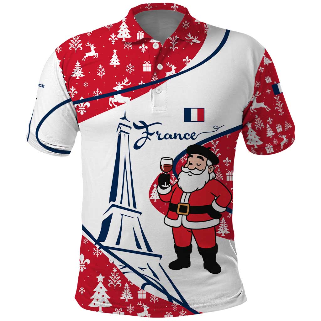 France Christmas Polo Shirt with Santa Wine Glass Eiffel Tower and Holiday Icons Design - Wonder Print Shop