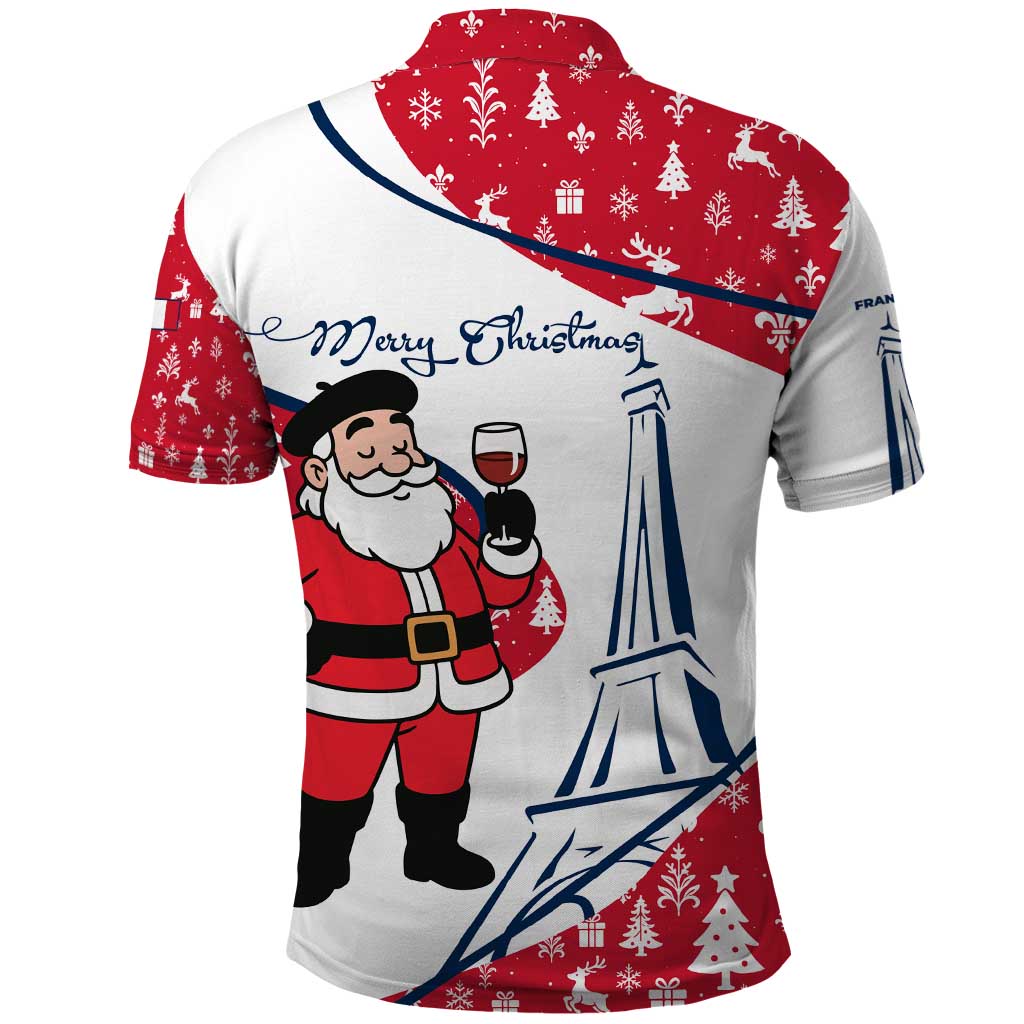 France Christmas Polo Shirt with Santa Wine Glass Eiffel Tower and Holiday Icons Design - Wonder Print Shop