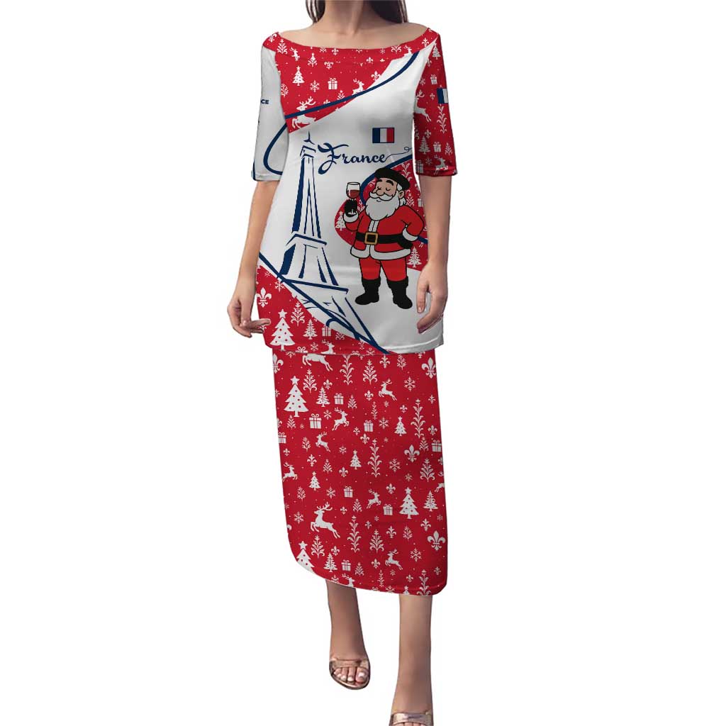 France Christmas Puletasi with Santa Wine Glass Eiffel Tower and Holiday Icons Design - Wonder Print Shop