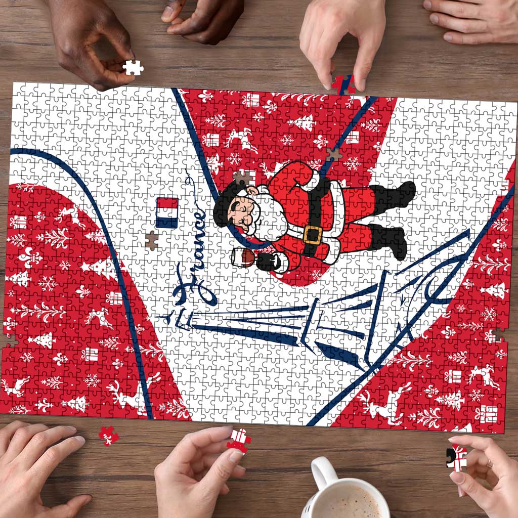 France Christmas Puzzle with Santa Wine Glass Eiffel Tower and Holiday Icons Design - Wonder Print Shop