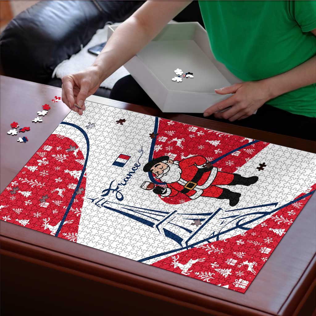 France Christmas Puzzle with Santa Wine Glass Eiffel Tower and Holiday Icons Design - Wonder Print Shop