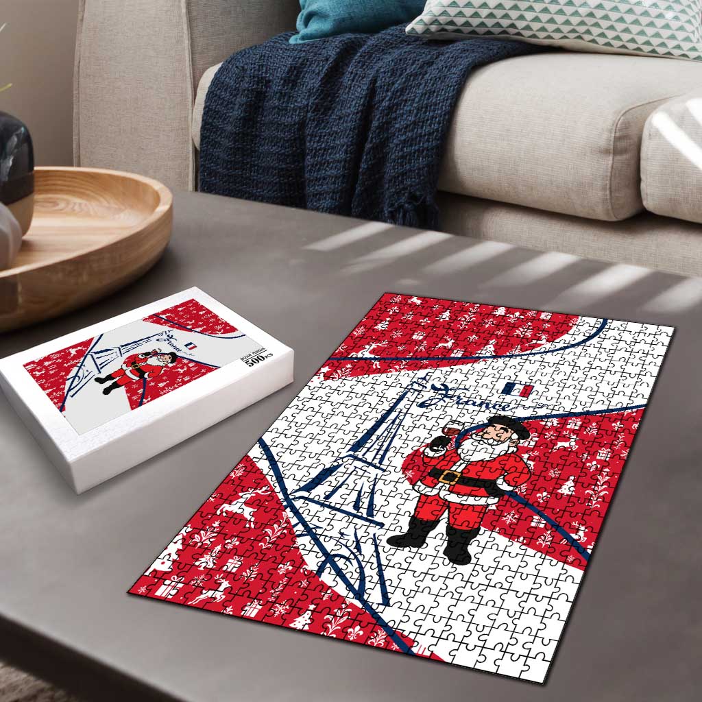 France Christmas Puzzle with Santa Wine Glass Eiffel Tower and Holiday Icons Design - Wonder Print Shop