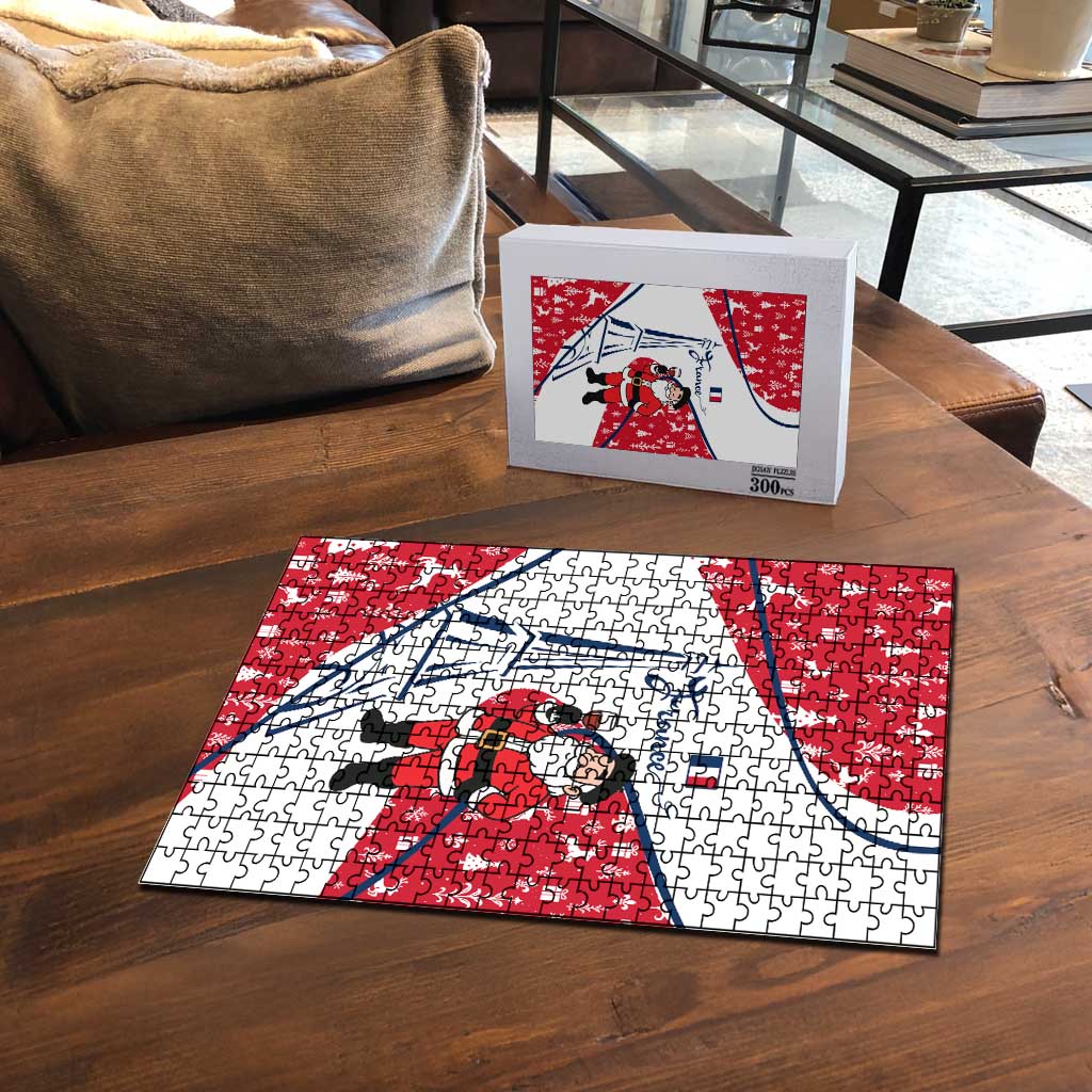 France Christmas Puzzle with Santa Wine Glass Eiffel Tower and Holiday Icons Design - Wonder Print Shop