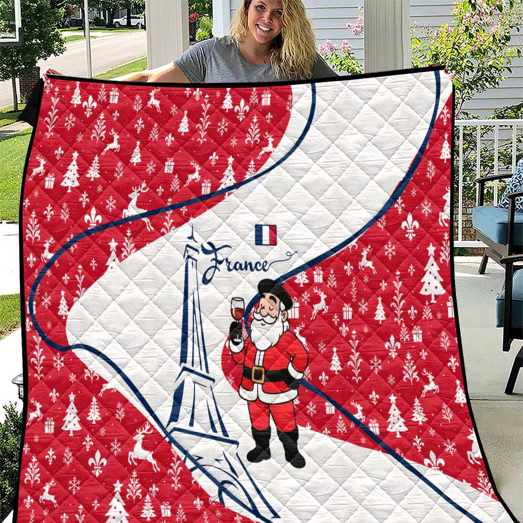 France Christmas Quilt with Santa Wine Glass Eiffel Tower and Holiday Icons Design - Wonder Print Shop