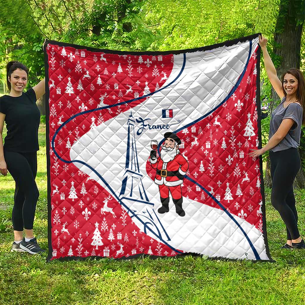 France Christmas Quilt with Santa Wine Glass Eiffel Tower and Holiday Icons Design - Wonder Print Shop