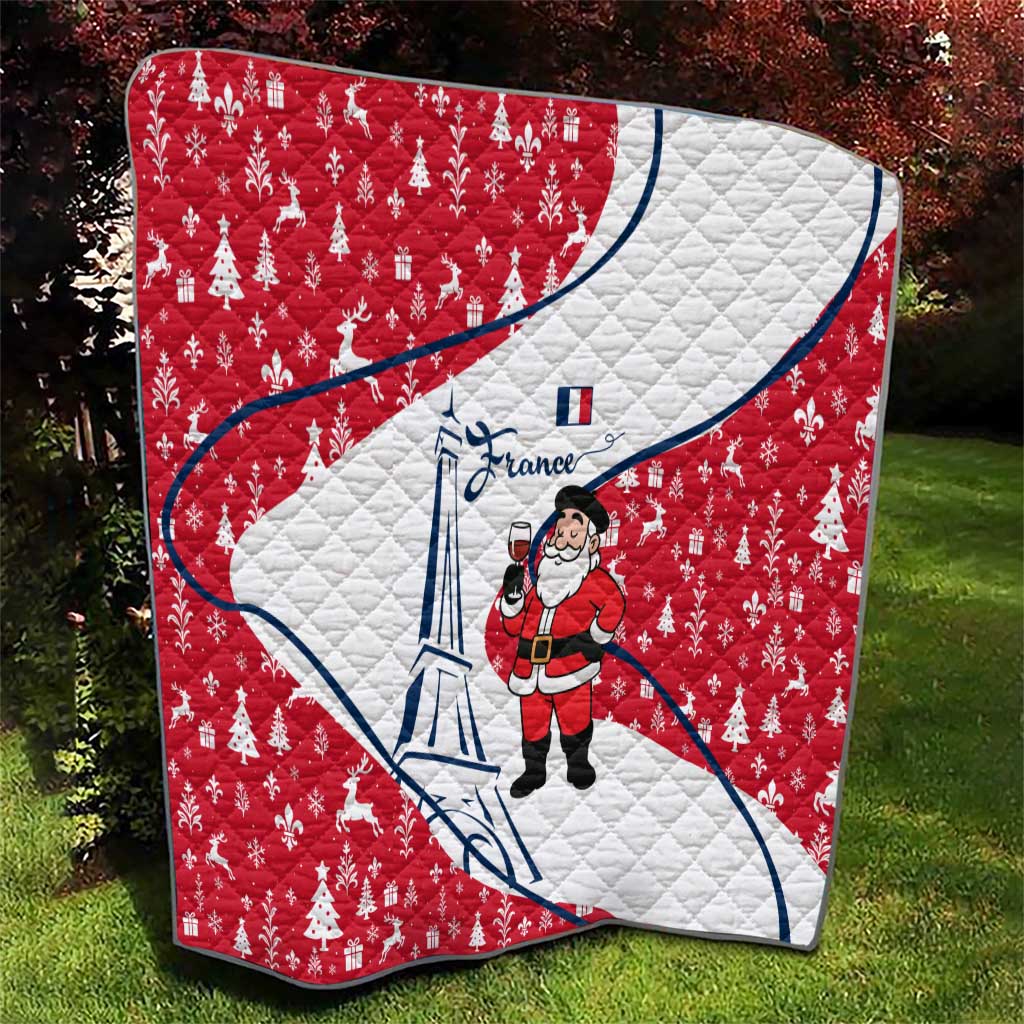 France Christmas Quilt with Santa Wine Glass Eiffel Tower and Holiday Icons Design - Wonder Print Shop