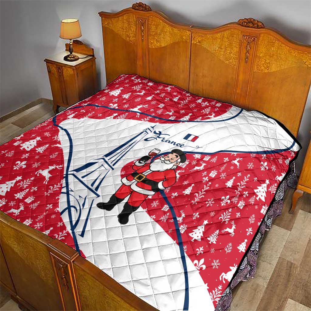France Christmas Quilt with Santa Wine Glass Eiffel Tower and Holiday Icons Design - Wonder Print Shop