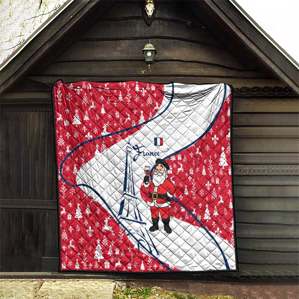 France Christmas Quilt with Santa Wine Glass Eiffel Tower and Holiday Icons Design - Wonder Print Shop