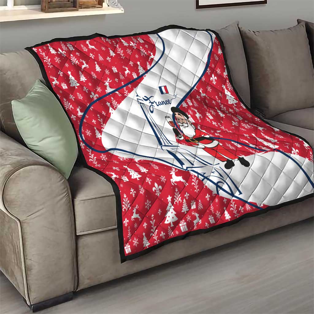 France Christmas Quilt with Santa Wine Glass Eiffel Tower and Holiday Icons Design - Wonder Print Shop