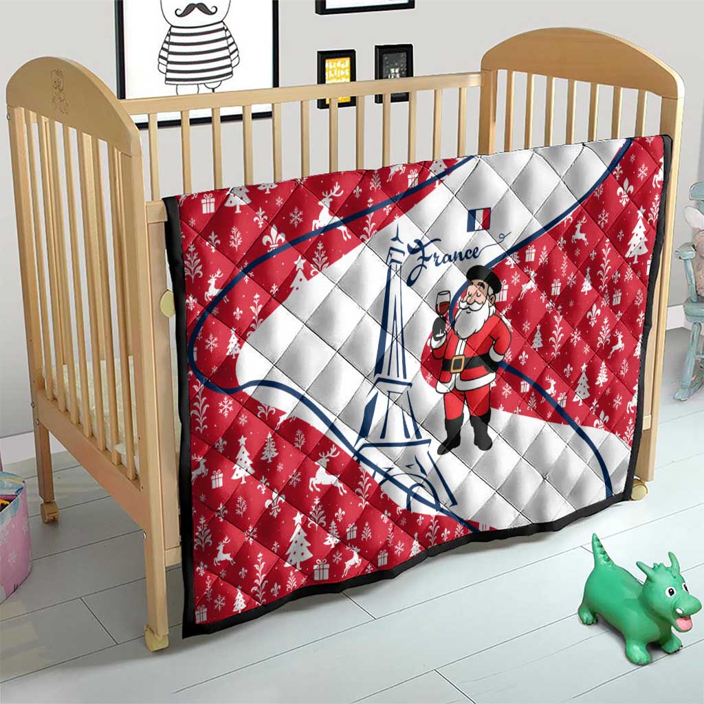 France Christmas Quilt with Santa Wine Glass Eiffel Tower and Holiday Icons Design - Wonder Print Shop