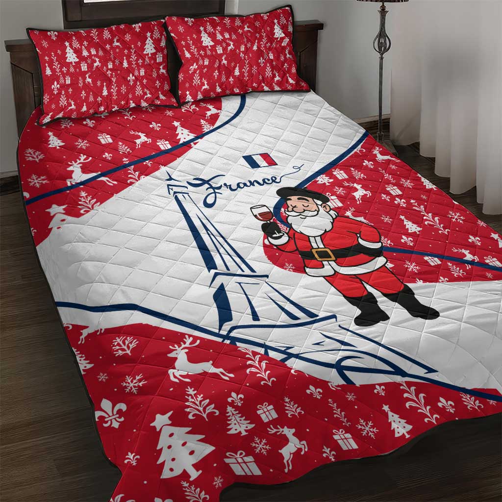 France Christmas Quilt Bed Set with Santa Wine Glass Eiffel Tower and Holiday Icons Design - Wonder Print Shop
