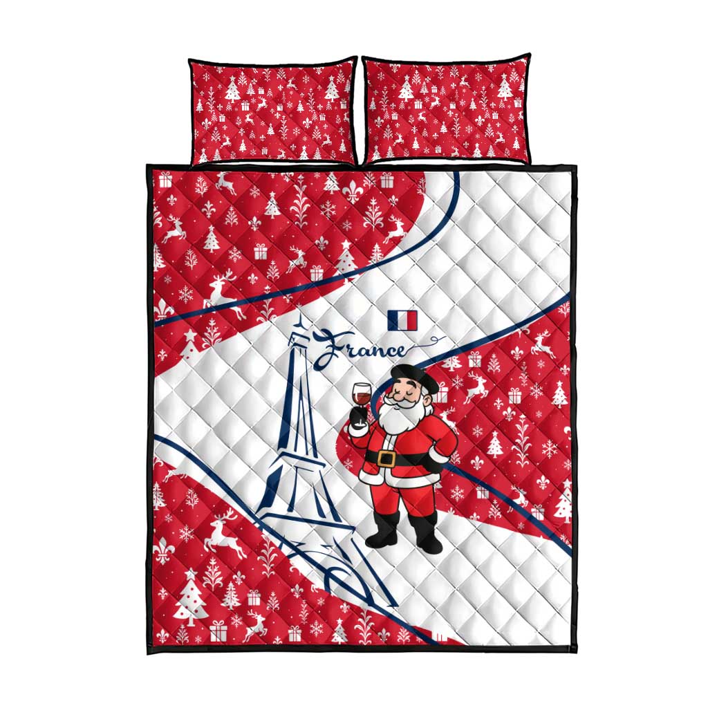 France Christmas Quilt Bed Set with Santa Wine Glass Eiffel Tower and Holiday Icons Design - Wonder Print Shop
