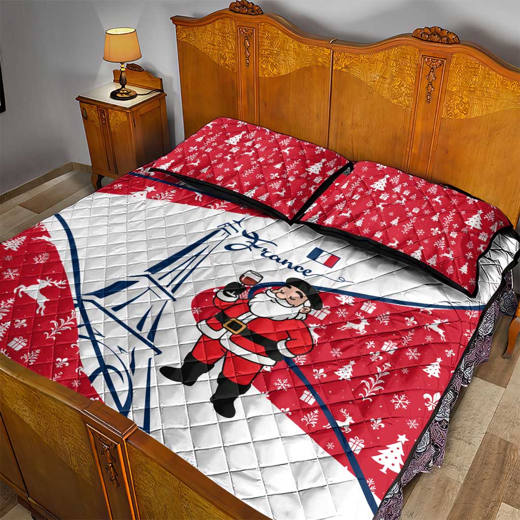 France Christmas Quilt Bed Set with Santa Wine Glass Eiffel Tower and Holiday Icons Design - Wonder Print Shop