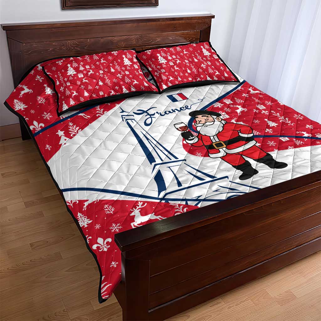 France Christmas Quilt Bed Set with Santa Wine Glass Eiffel Tower and Holiday Icons Design - Wonder Print Shop