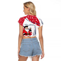 France Christmas Raglan Cropped T Shirt with Santa Wine Glass Eiffel Tower and Holiday Icons Design - Wonder Print Shop