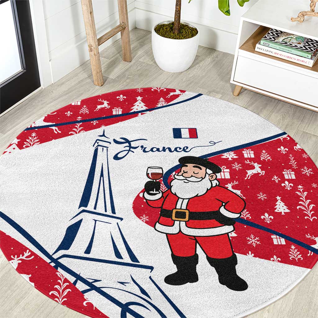 France Christmas Round Carpet with Santa Wine Glass Eiffel Tower and Holiday Icons Design - Wonder Print Shop