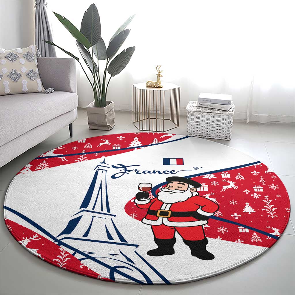 France Christmas Round Carpet with Santa Wine Glass Eiffel Tower and Holiday Icons Design - Wonder Print Shop