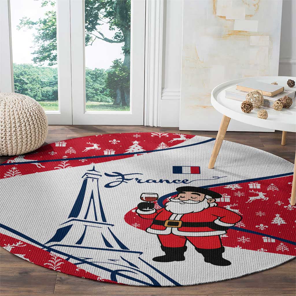France Christmas Round Carpet with Santa Wine Glass Eiffel Tower and Holiday Icons Design - Wonder Print Shop