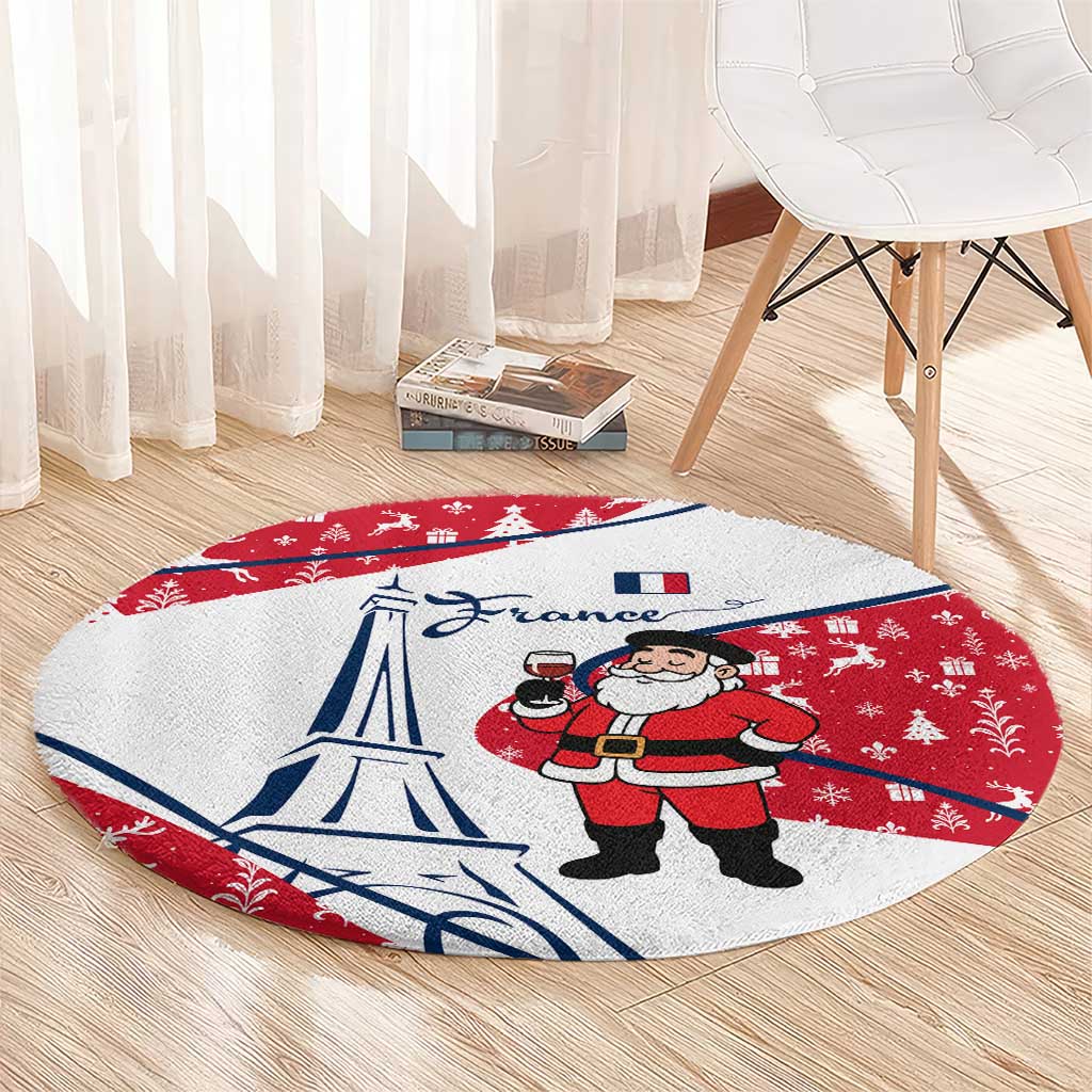 France Christmas Round Carpet with Santa Wine Glass Eiffel Tower and Holiday Icons Design - Wonder Print Shop