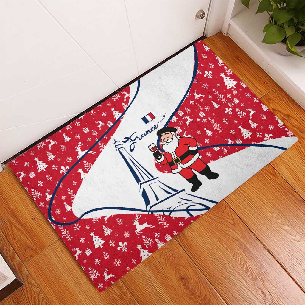 France Christmas Rubber Doormat with Santa Wine Glass Eiffel Tower and Holiday Icons Design - Wonder Print Shop