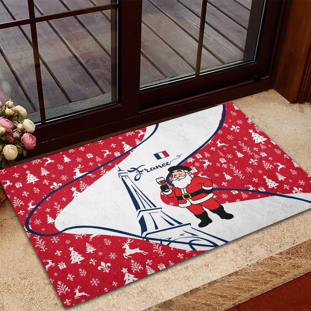 France Christmas Rubber Doormat with Santa Wine Glass Eiffel Tower and Holiday Icons Design - Wonder Print Shop