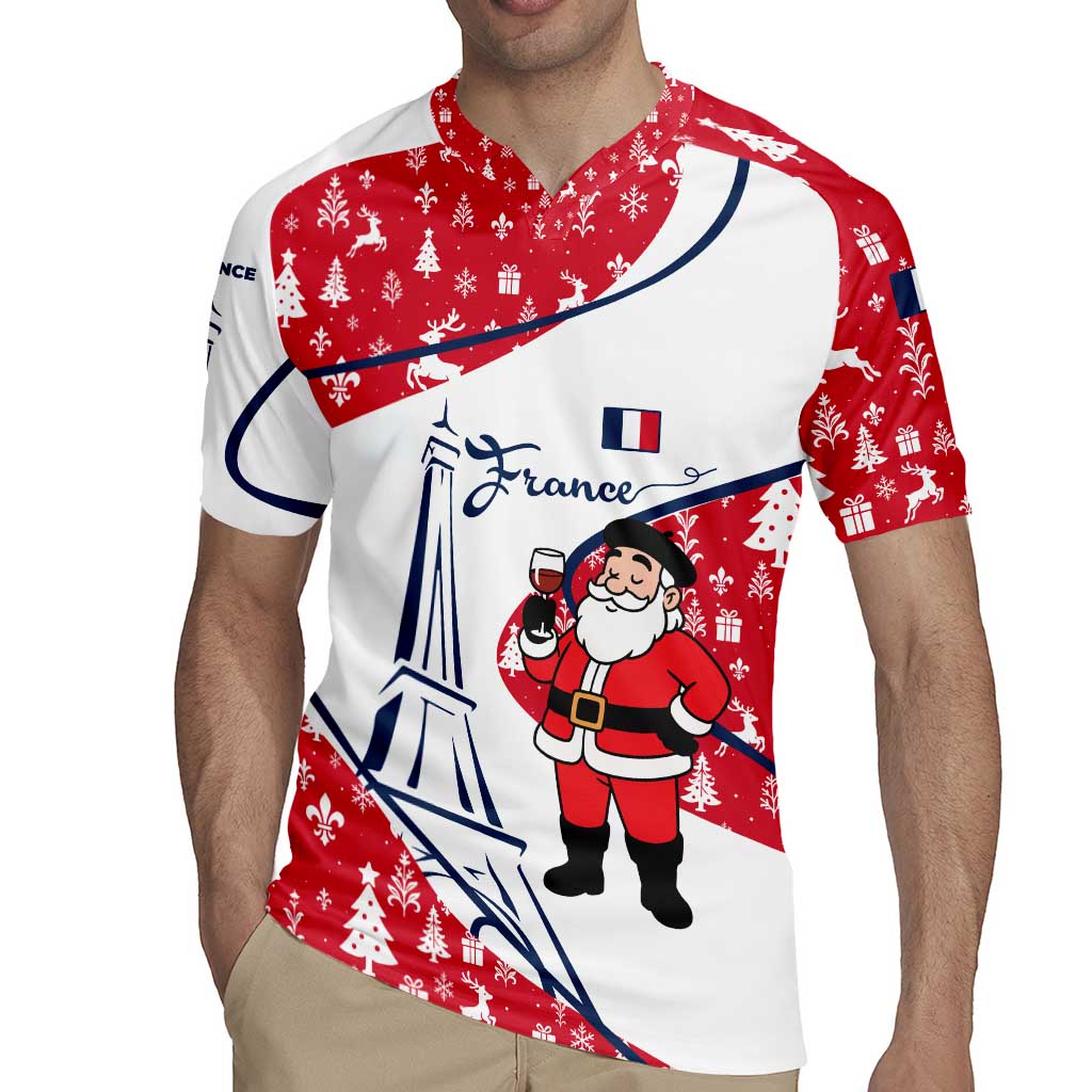 France Christmas Rugby Jersey with Santa Wine Glass Eiffel Tower and Holiday Icons Design - Wonder Print Shop