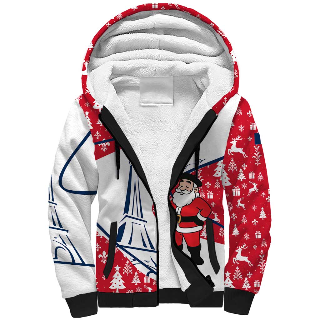 France Christmas Sherpa Hoodie with Santa Wine Glass Eiffel Tower and Holiday Icons Design - Wonder Print Shop