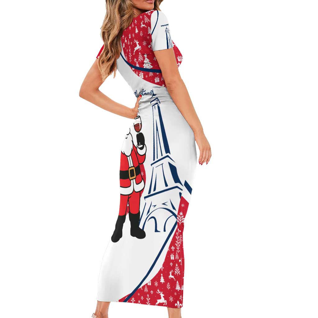 France Christmas Short Sleeve Bodycon Dress with Santa Wine Glass Eiffel Tower and Holiday Icons Design - Wonder Print Shop