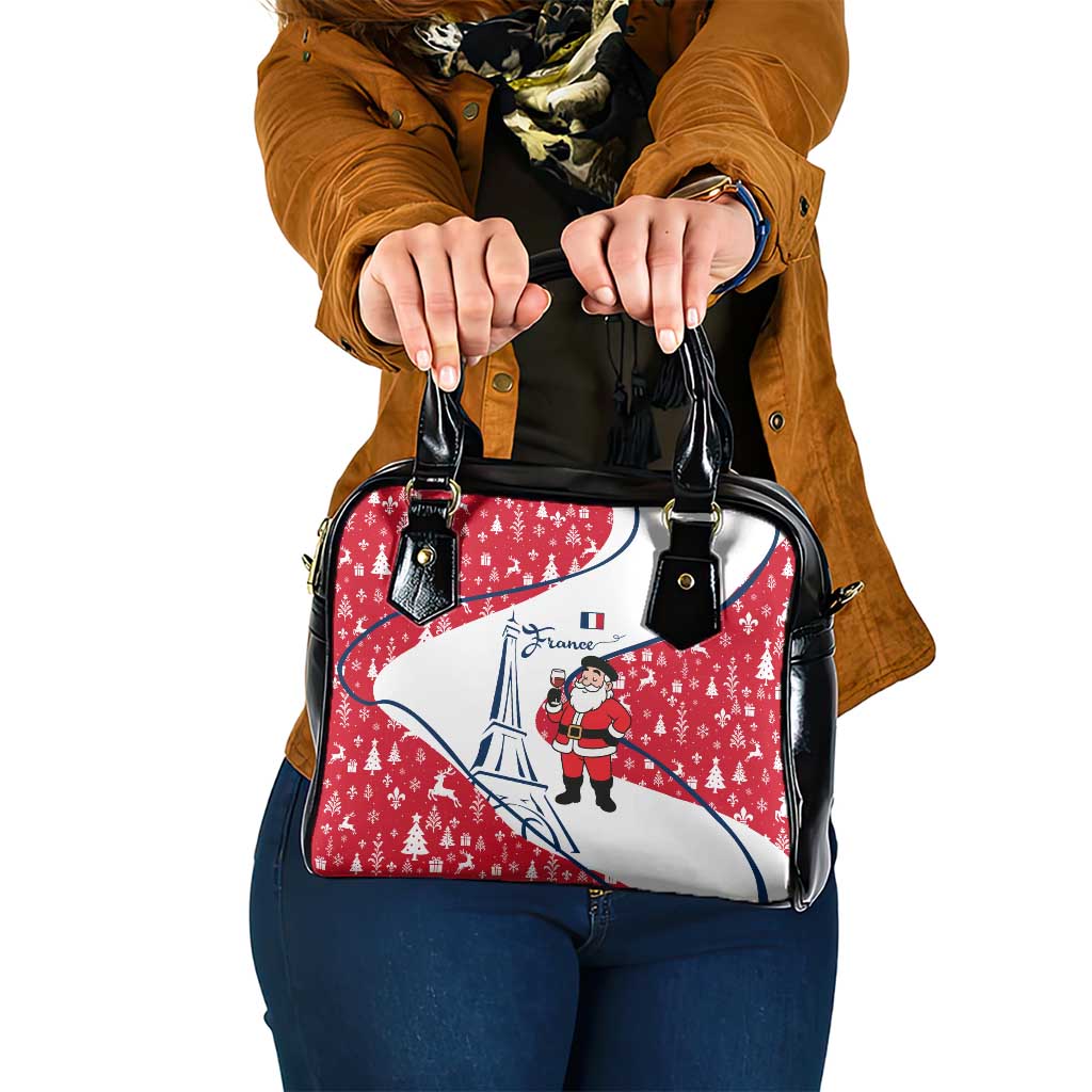 France Christmas Shoulder Handbag with Santa Wine Glass Eiffel Tower and Holiday Icons Design - Wonder Print Shop