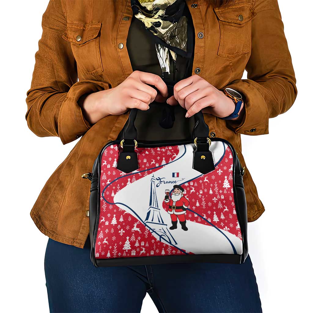France Christmas Shoulder Handbag with Santa Wine Glass Eiffel Tower and Holiday Icons Design - Wonder Print Shop