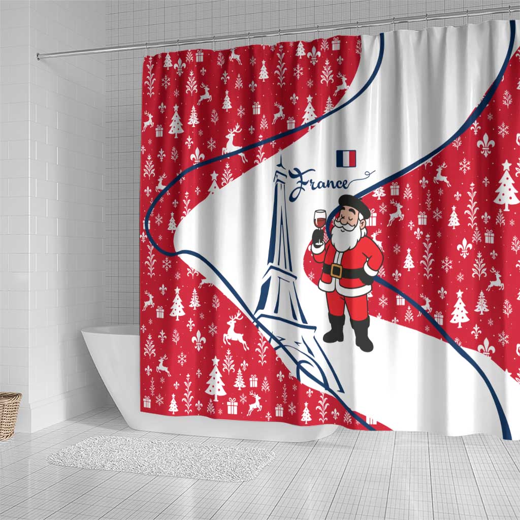 France Christmas Shower Curtain with Santa Wine Glass Eiffel Tower and Holiday Icons Design - Wonder Print Shop
