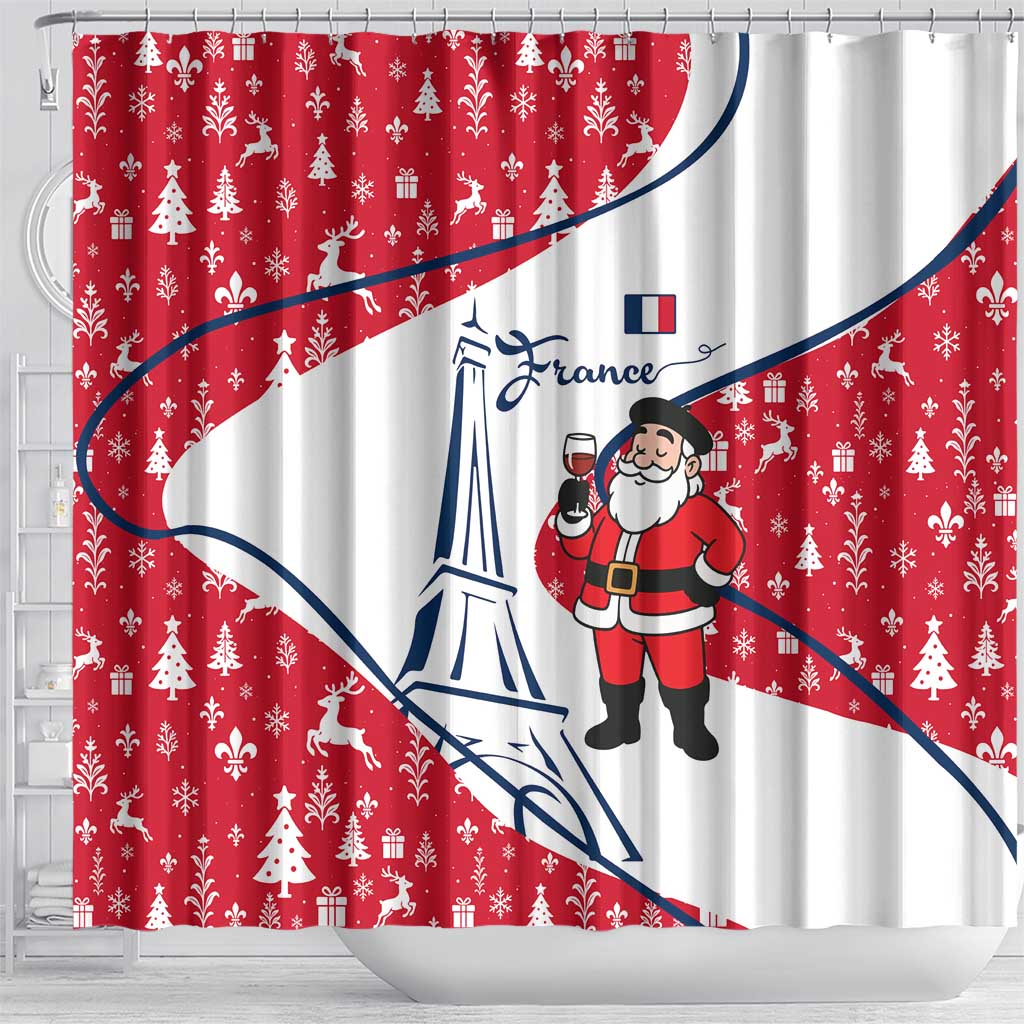 France Christmas Shower Curtain with Santa Wine Glass Eiffel Tower and Holiday Icons Design - Wonder Print Shop