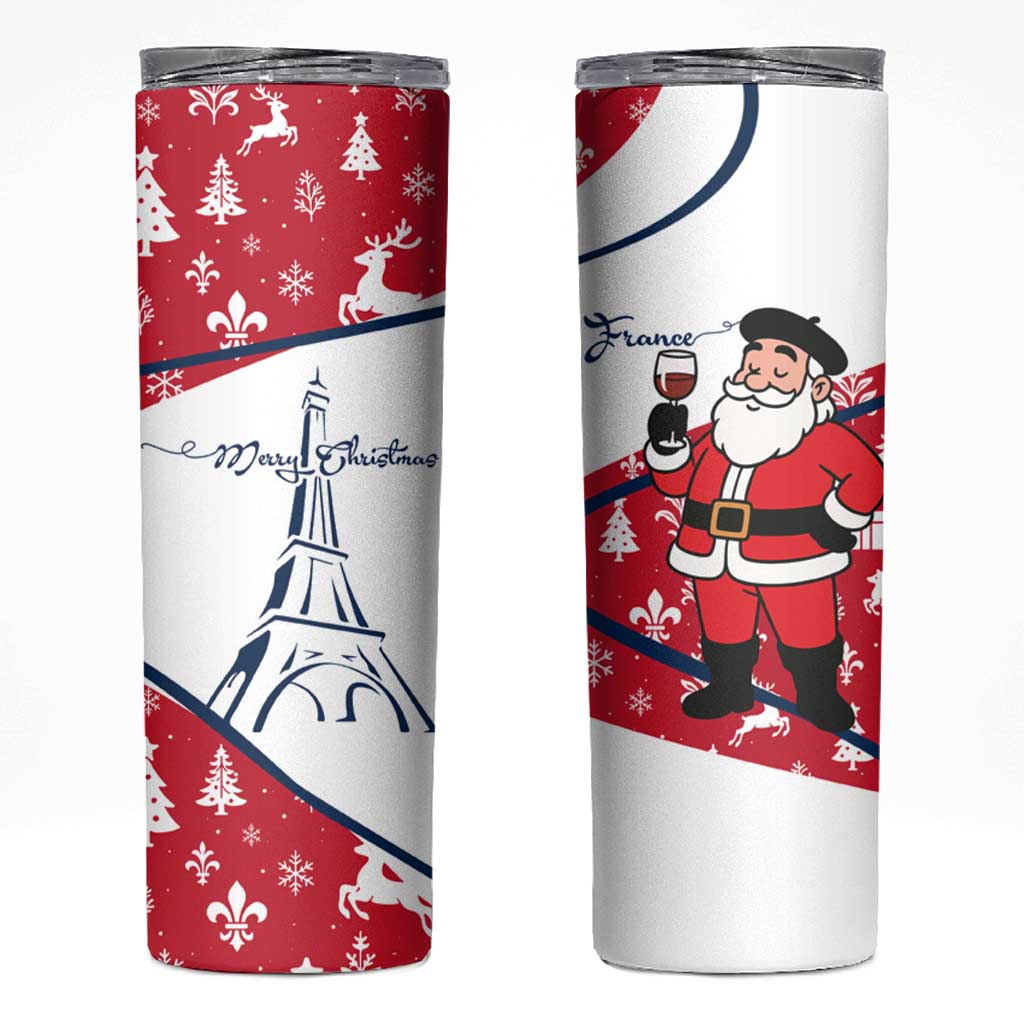 France Christmas Skinny Tumbler with Santa Wine Glass Eiffel Tower and Holiday Icons Design - Wonder Print Shop