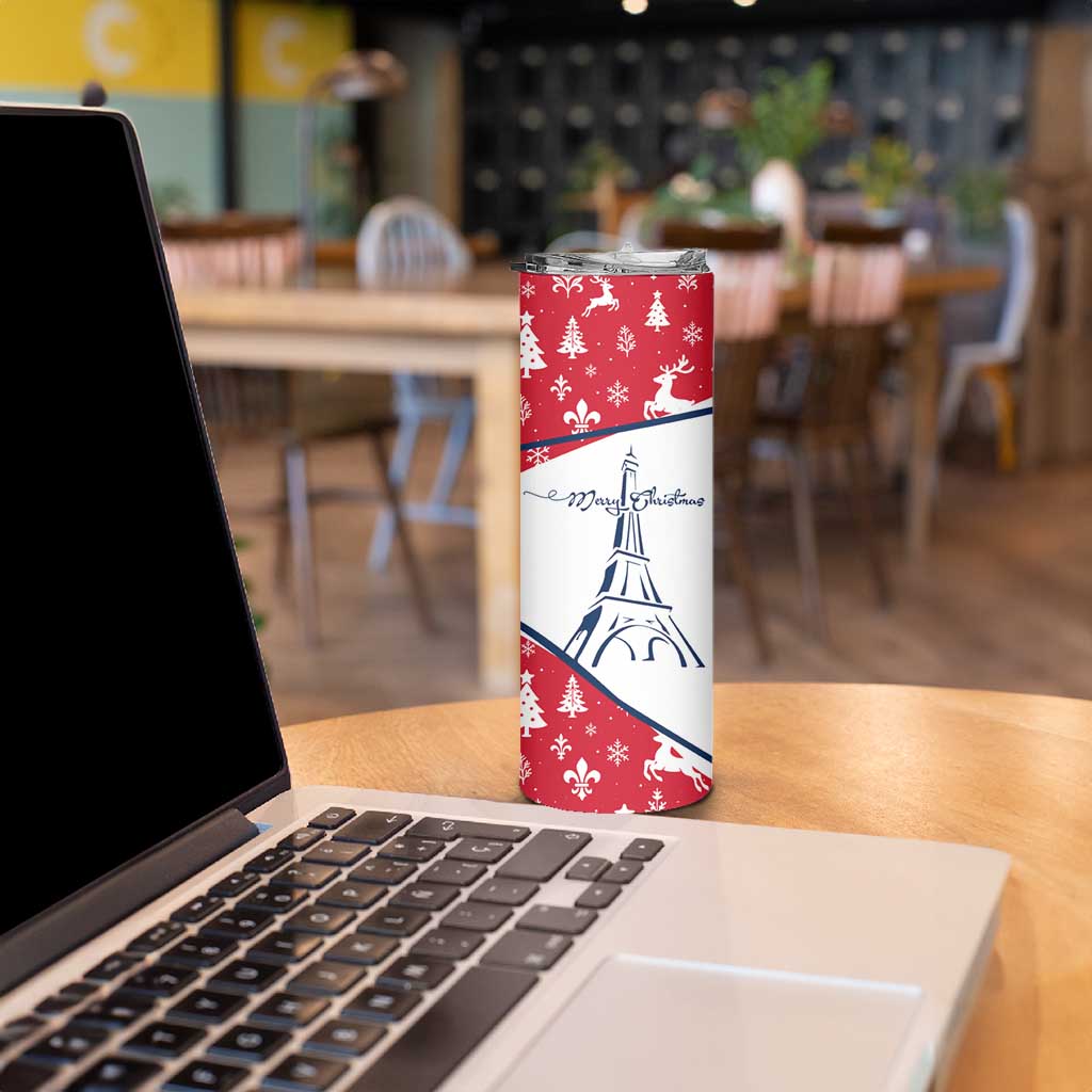 France Christmas Skinny Tumbler with Santa Wine Glass Eiffel Tower and Holiday Icons Design - Wonder Print Shop