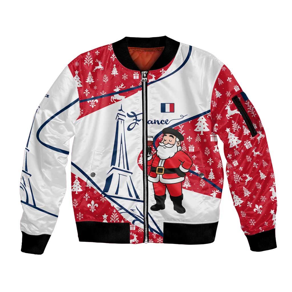 France Christmas Sleeve Zip Bomber Jacket with Santa Wine Glass Eiffel Tower and Holiday Icons Design - Wonder Print Shop
