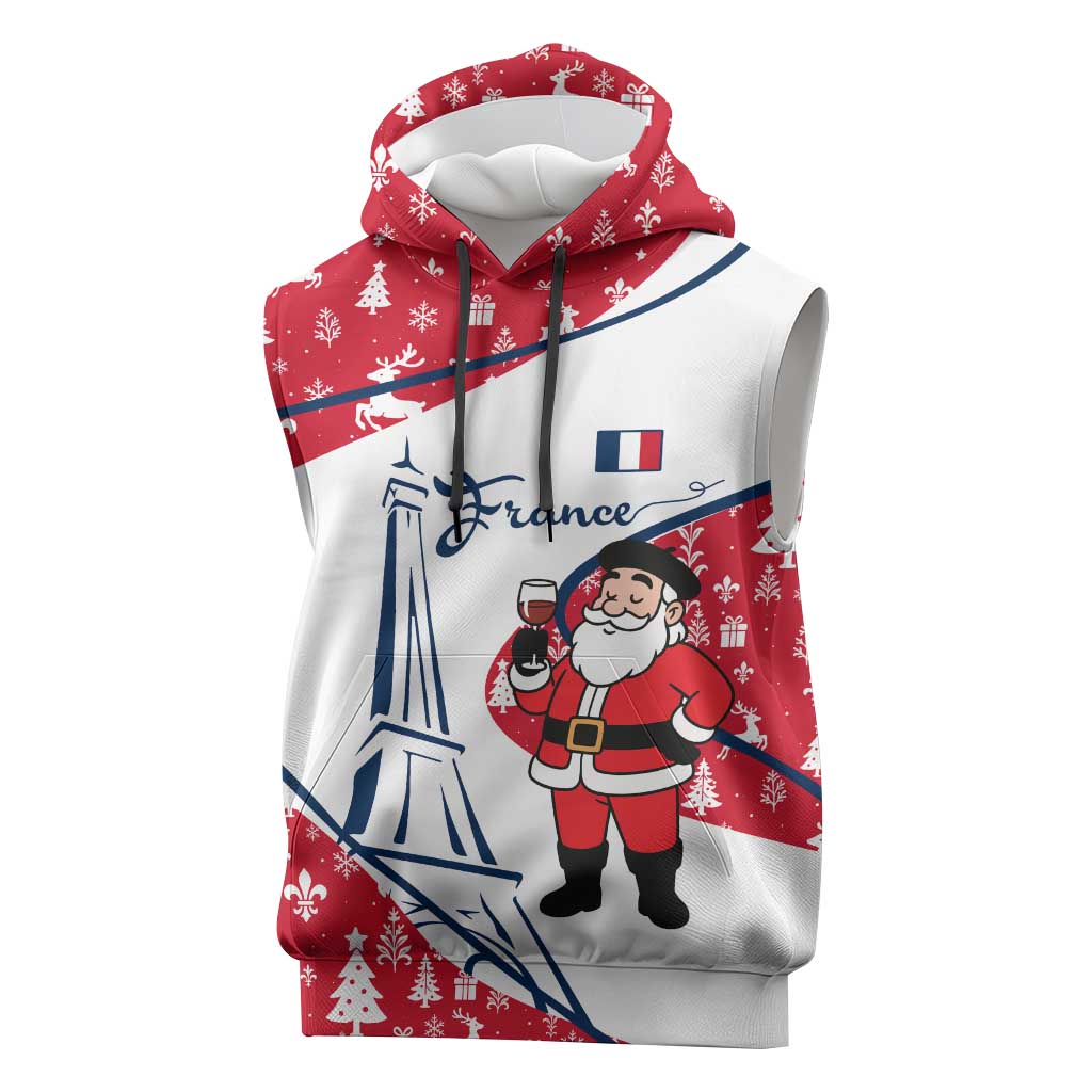 France Christmas Sleeveless Hoodie with Santa Wine Glass Eiffel Tower and Holiday Icons Design - Wonder Print Shop
