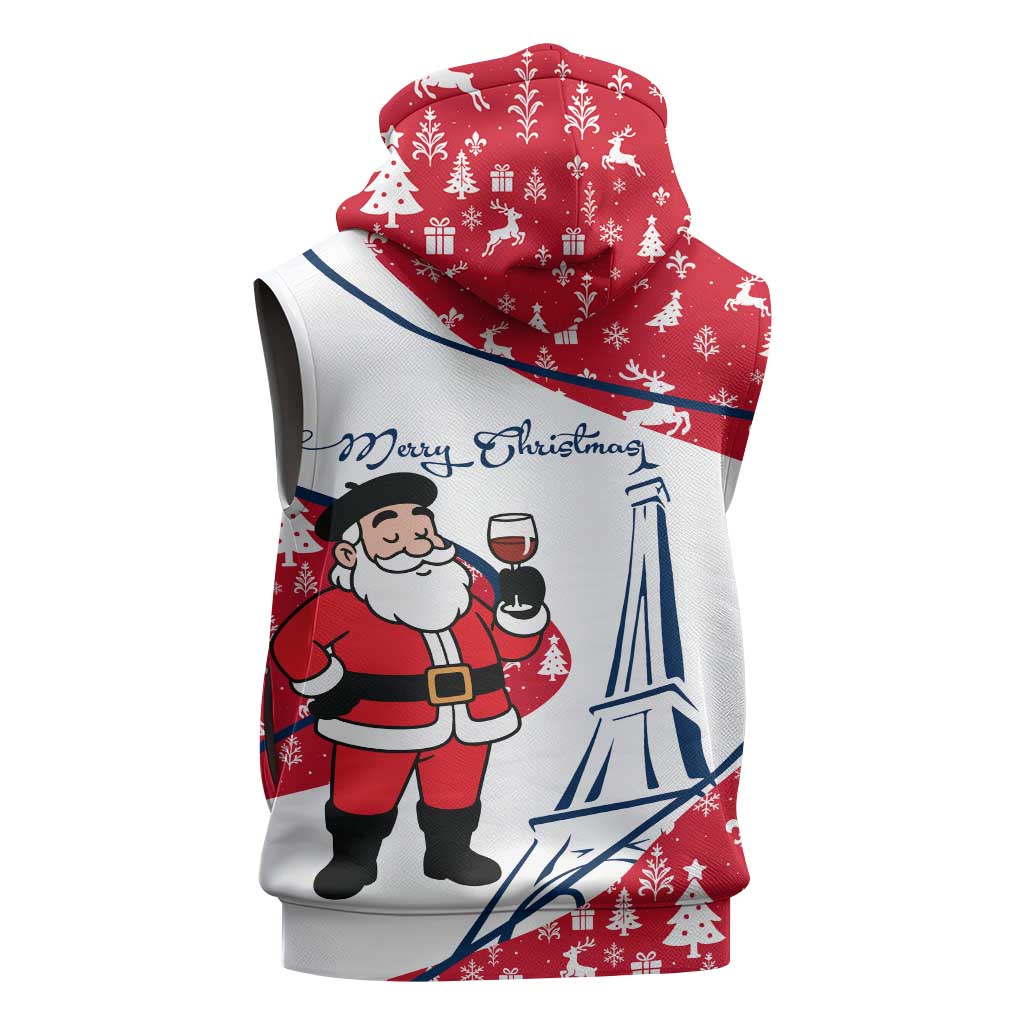 France Christmas Sleeveless Hoodie with Santa Wine Glass Eiffel Tower and Holiday Icons Design - Wonder Print Shop