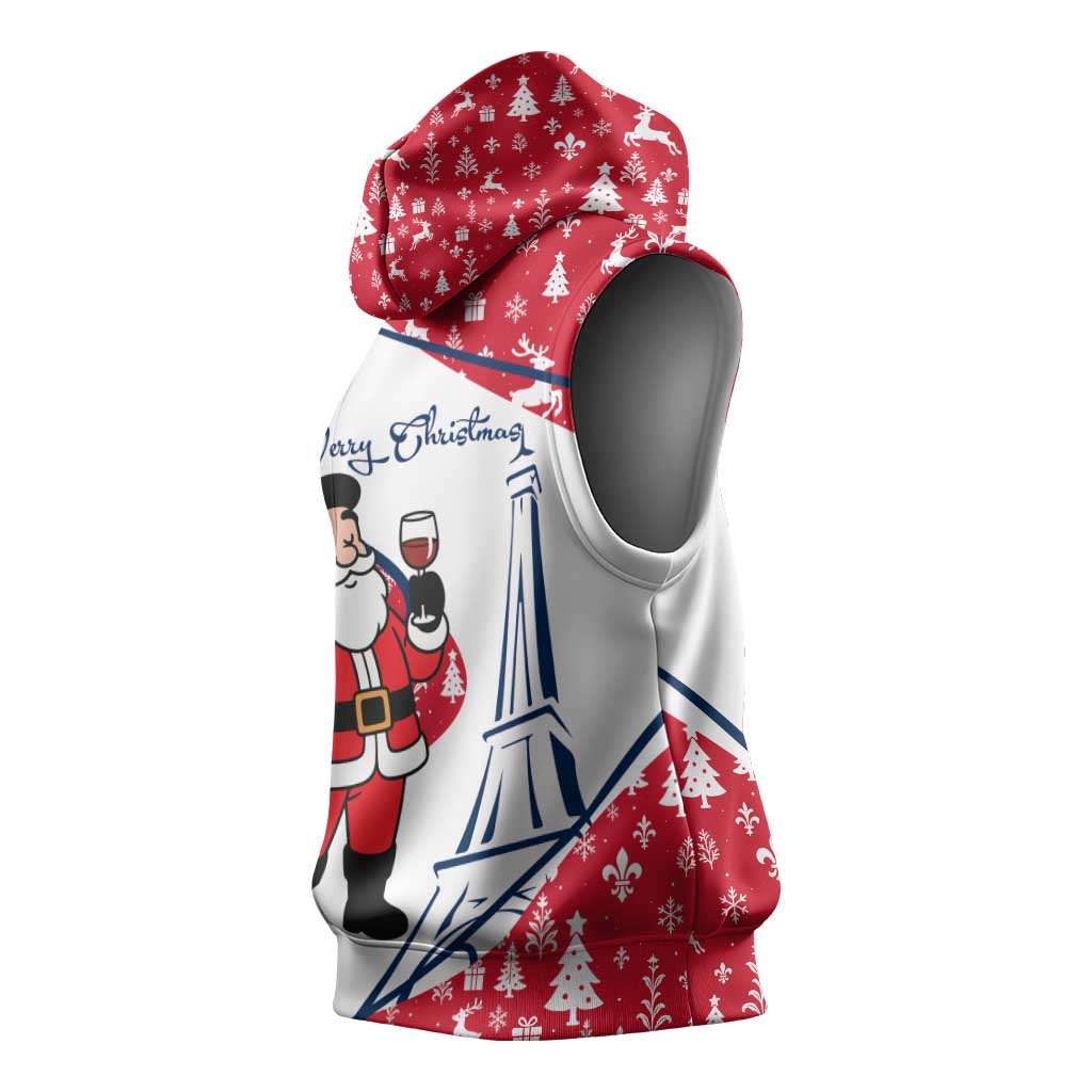 France Christmas Sleeveless Hoodie with Santa Wine Glass Eiffel Tower and Holiday Icons Design - Wonder Print Shop