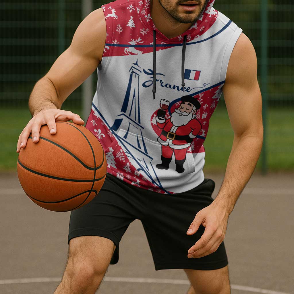 France Christmas Sleeveless Hoodie with Santa Wine Glass Eiffel Tower and Holiday Icons Design - Wonder Print Shop