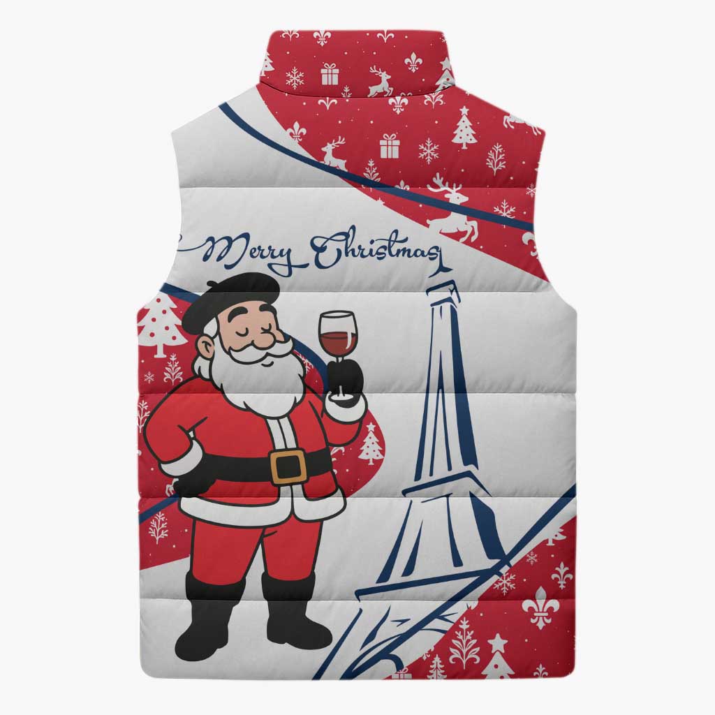 France Christmas Sleeveless Puffer Jacket with Santa Wine Glass Eiffel Tower and Holiday Icons Design - Wonder Print Shop