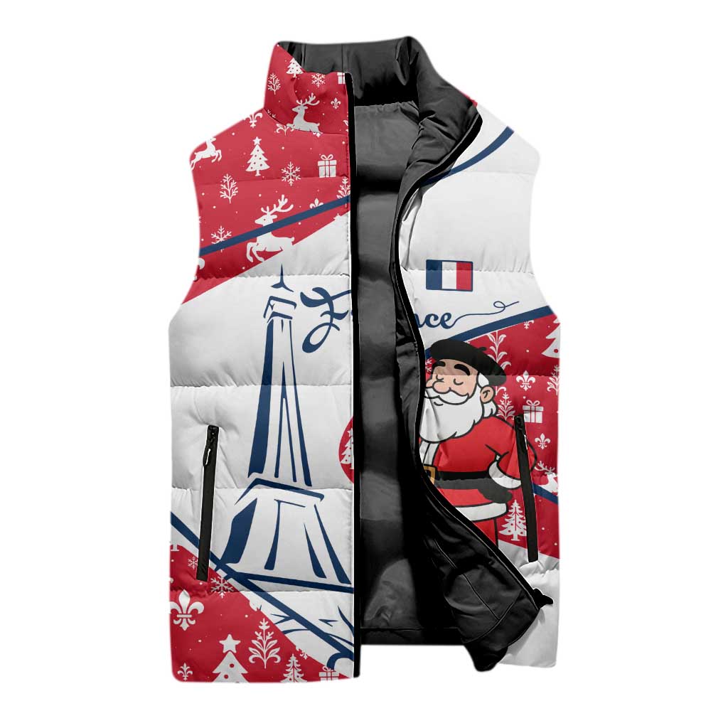 France Christmas Sleeveless Puffer Jacket with Santa Wine Glass Eiffel Tower and Holiday Icons Design - Wonder Print Shop
