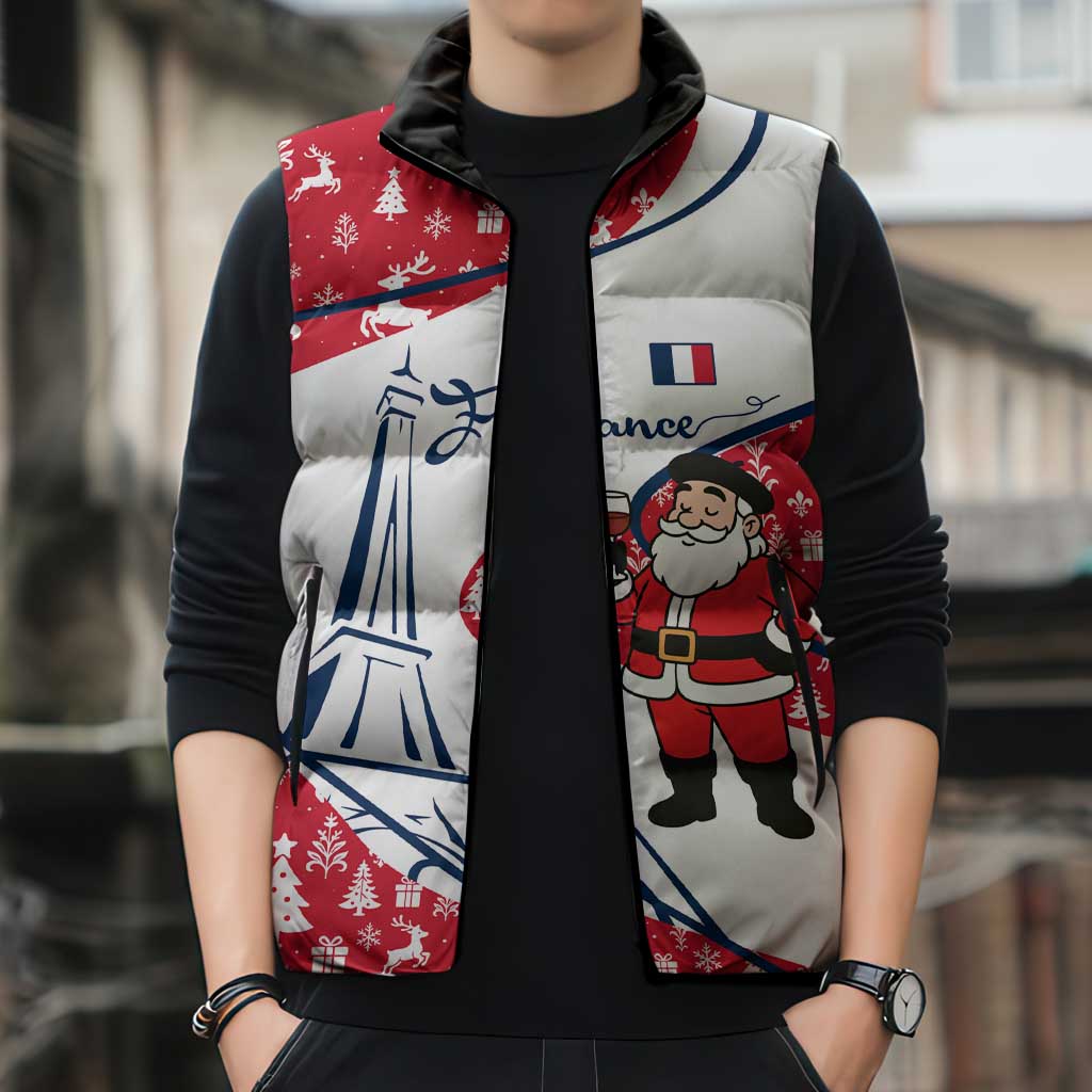 France Christmas Sleeveless Puffer Jacket with Santa Wine Glass Eiffel Tower and Holiday Icons Design - Wonder Print Shop