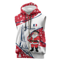France Christmas Sleeveless Zip Hoodie with Santa Wine Glass Eiffel Tower and Holiday Icons Design - Wonder Print Shop